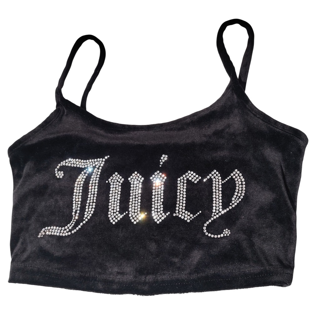 Juicy Couture Black Velour Rhinestone Logo Crop Top Cami Small Y2K McBling